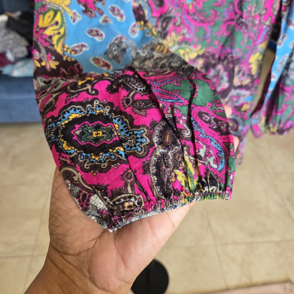 Lucky Brand XS Boho Paisley Floral Cotton Peasant Top Pink Blue - Picture 12 of 13